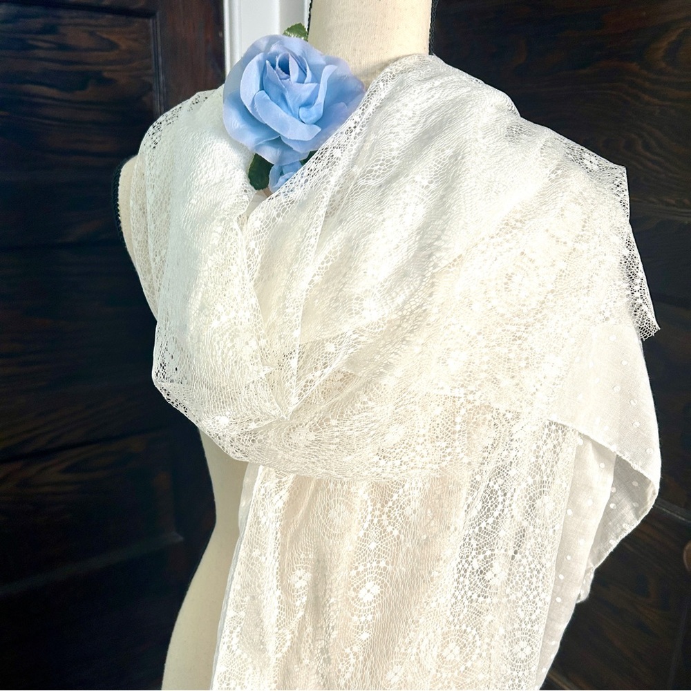 Vintage Lace & Swiss Dot Layered Scarf Shawl – Romantic Lace Wrap – 76” - Picture 14 of 16